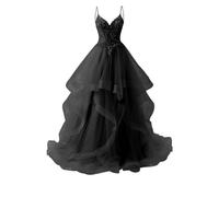 Pizzo Applique Principessa Abito di Sfera A Più Livelli Tulle Prom Gown Pieghe Abiti Da Cocktail Abito Di Compleanno Plus Size, Nero , 50