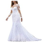 Pizzo Appliques Maniche Lunghe Abito da Sposa Civile Abito da Sposa, WZEFEIO, Bianco, 40
