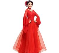Pizzo Vestiti da Ballo Standard Donna Vestiti Ballo Liscio Maniche Lunghe Abiti Ballo Valzer Abito Tango Vestiti da Ballo Salsa,Rosso,L