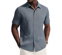 PJ PAUL JONES Camicie da uomo a maniche corte con bottoni, casual, estive, in lino, Blu denim, M