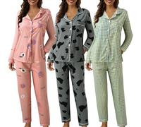 Pj Set per le donne Cotone, Button Up Pigiama Set Per Le Donne Manica Lunga Button Down Top Pantaloni Confortevole Loungewear Classico Pigiama Set Con Tasca Moda Stampato Pj Set Pj Set Pj Set