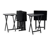 PJ Wood Tavolo rettangolare pieghevole in legno massiccio per TV, vassoio per snack e snack con ripiano compatto, nero (set da 7)