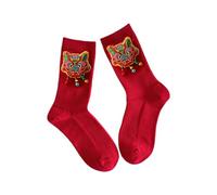 Pjeghbvop Calzini alti al ginocchio per genitori e figli, per anno del drago, ricamo, antiscivolo, a metà polpaccio, accessori elastici invernali per genitori e bambini, Rosso, M