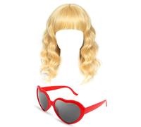 PJPSAA Parrucca bionda da cantante di Halloween, con frangia, lunghezza alle spalle, occhiali da sole a forma di cuore, per donne, 2 pezzi