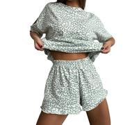 Pjs Set da donna Estate, pantaloncini e top set leopardato pigiama con scollo a barca camicie a maniche corte in vita elasticizzata pantaloncini svasati casual stile allentato abbigliamento da casa