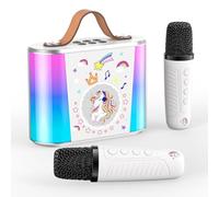 PKBD Macchina del Karaoke per Bambini: Karaoke Portatile con 2 Microfoni Senza Fili,Altoparlante Bluetooth, Effetti Vocale e Luci LED Bambini 3-15 Anni (Bianco)