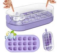 PKBD Vassoio Cubetti Ghiaccio con Coperchio e Cestino, Stampi per Cubetti Ghiaccio in Silicone Pressione 18PCs, Facile Rilascio, Riempimento Senza Toccare, Vassoio per Cocktail Whisky, Caffè, Viola