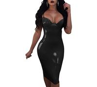 Pkfinrd Donne Spaghetti Cinghie Slim Push Up Faux Pelle PVC Scollo A V Vinile Midi Aderente Party Cocktail Club Vestito (Colore: Nero, Taglia : X-Large)