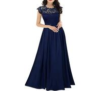 PKIMKM Elegante Abito Lungo da Donna, Vestito da Sera con Pizzo, Taglie S-XXL, Stile Formale per Cerimonie (Navy Blue,S)