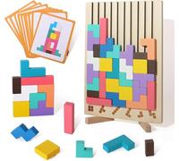 PKKP Puzzle in legno 3D Tetris, con 42 pietre e 10 carte sfida, Montessori, giocattolo regalo per puzzle in legno, set Tetris gioco a partire da 3 4 5 6 anni (A)
