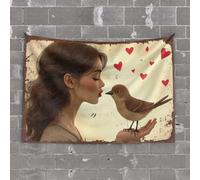 PKRD Decorazione e accessori per la grotta dell'uomo Una donna bacia delicatamente un uccello, circondato da cuori. Arazzo decorazione per porta per camera da letto uomo regole della grotta (75 x 100