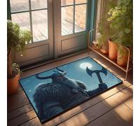 PKRD Spring Welcome Mats Outdoor Viking Warrior con casco cornuto che tiene ascia sotto il chiaro di luna. Zerbino decorazione per la casa da uomo divertente decorazione per la casa (40 x 60 cm)