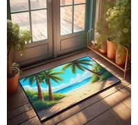 PKRD Tappetino per camera da letto per ragazzi con cornice di palme e una spiaggia sabbiosa che conduce verso l'oceano. Zerbino retrò tappeto per casa colonica e cucina (50 x 80 cm)