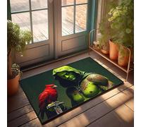PKRD Zerbino con figura verde con cappuccio con tatuaggi vivaci e un uccello rosso. Zerbino per cadere fuori porta interna tappetini per porta anteriore (65 x 90 cm)