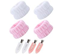 PLABBDPL 4 Pcs flanella face wash braccialetti con 4 fermagli capelli, sweat-wiping braccialetti, assorbenti braccialetti, polsini spugna per skincare (bianco, rosa)