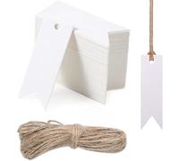 PLABBDPL Etichette Regalo,100 Pezzi Etichette in Carta Kraft,7x2cm Tag Regalo Mini Etichettes con 20 m Spago per Matrimoni,Compleanni e Natale (Bianco)