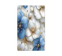 Placca da parete bianca e blu con fiori bianchi e dorati a levetta, decorativa, 1 banda, per cucina, camera da letto, bagno, dimensioni 11,4 x 7 cm