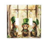 Placca decorativa per interruttore della luce a forma di scimmia di San Patrizio, 2 gang a doppia levetta, piastra elettrica per finestra divertente, stampa rustica con trifoglio