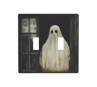 Placca di copertura a doppia levetta con fantasma di Halloween che guarda fuori dalla finestra, decorazione per interruttore da parete, dimensioni standard - 11,4 x 11,4 cm