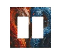 Placca di copertura decorativa per interruttore della luce, 2 gang piastre da parete di medie dimensioni 12,4 x 12,7 cm, rosso e blu Fire Dragon F coperture da parete, in policarbonato termoplastico