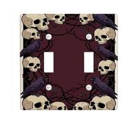 Placca di copertura per interruttore a doppia luce a tema corvo e teschio | Illustrazione gotica del corvo, bordo del rovo spinoso, decorazione gotica accademica, arte della parete macabra