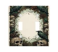 Placca di copertura per interruttore a doppia luce con corvo e teschio | Arte gotica del corvo, accenti antichi del cranio, rose scure romantiche, decorazione da parete Moody