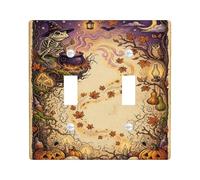 Placca di copertura per interruttore a doppia luce con scheletro spettrale | Foglie d'autunno, Jack-o'-lanterns, tema strega, foresta spettrale, atmosfera mistica