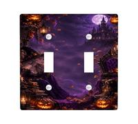 Placca di copertura per interruttore della luce a doppia luce di Halloween | Castello gotico, zucche Jack-o-lantern, luna mistica, illustrazione fantasia scura, decorazione stagionale per la casa