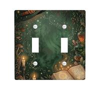 Placca di copertura per interruttore della luce a doppio cappello da strega, candele fantasiose di Halloween, funghi, plastica verde, dimensioni standard, piatti decorativi da parete per soggiorno