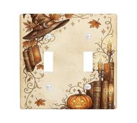 Placca di copertura per interruttore della luce a doppio cappello da strega | Decorazione da strega, foglie autunnali, libri di incantesimi, Jack-o'-lantern, lume di candela, illustrazione del libro di