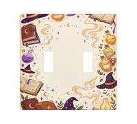 Placca di copertura per interruttore della luce a doppio cappello da strega | Illustrazioni del libro degli incantesimi, motivi della bottiglia di pozione, vortici di fumo magici