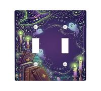 Placca di copertura per interruttore della luce a doppio cappello da strega | Motivi spettrali fantasma, libri di incantesimi mistici, Accenti di candele incandescenti, sfondo celeste fantasy