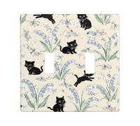 Placca di copertura per interruttore della luce a forma di gatto, fantasioso giocoso fiore erba primavera in plastica nera dimensioni standard piastra decorativa per camera da letto bagno cucina