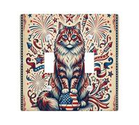 Placca di copertura per interruttore della luce a forma di gatto, stile patriottico vintage, fuochi d'artificio con stelle, giorno dell'indipendenza, in plastica rossa, dimensioni standard