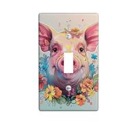 Placca di copertura per interruttore della luce a forma di maiale, ghirlanda di animali floreali, ghirlanda rustica, cottagecore estetica, rosa, blu, giallo, policarbonato (PC), decorazione