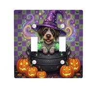 Placca di copertura per interruttore della luce a tema Halloween con cane | Cappello da mago, calderone, Jack-o'-lanterns, fumo luminoso, sfondo a scacchi, tema magico, decorazione per amanti degli