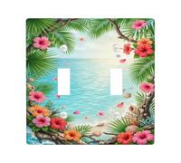 Placca di copertura per interruttore della luce a tema ibisco tropicale | Scena tropicale della spiaggia, foglie di palma e conchiglie, accenti decorativi costieri, tema paradiso dell'isola