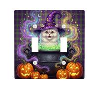 Placca di copertura per interruttore della luce con citazione di Halloween | Cappello da mago, calderone gorgogliante, Jack-o-lanterns, fumo magico, sfondo scozzese