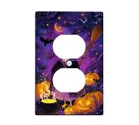 Placca di copertura per interruttore della luce dell'anatra strega di Halloween, cielo notturno viola con pipistrelli e zucche, piastre da parete in materiale termoplastico, presa singola duplex di