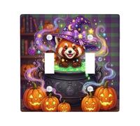 Placca di copertura per interruttore della luce doppia a tema Halloween con | Cappello da strega, calderone gorgogliante, Jack-o-lanterns, pozione magica, biblioteca fantasiosa, accenti stagionali per la