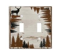 Placca di copertura per interruttore della luce doppia con cervi rustici | Silhouette di albero di pino, sfondo di montagna, struttura rustica in legno, tema foresta, decorazione per cabina