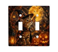 Placca di copertura per interruttore della luce doppia con citazione di | Cappello da strega gatto, Jack-o-lanterns, spettrale foresta illuminata dalla luna, foglie autunnali