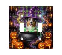 Placca di copertura per interruttore della luce doppia, motivo: pastore | Scena magica del calderone, Jack-o'-lanterns, cappello da strega fantasioso, effetti di fumo vibranti