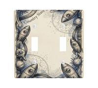 Placca di copertura per interruttore della luce doppia, motivo razzo, spazio, avventura, pianeta, sole, beige, in plastica, dimensioni standard, per soggiorno, camera da letto, casa, ufficio