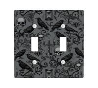 Placca di copertura per interruttore della luce doppia, motivo teschio gotico vintage, corvo, ragnatela di ragnatela di Halloween, in plastica nera, dimensioni standard, per interruttore da parete