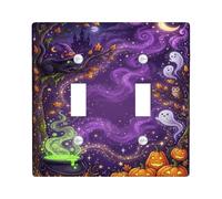 Placca di copertura per interruttore della luce doppia per Halloween | fantasioso strega gatto, incandescente calderone verde, galleggiante, fantasmi, intagliato, jack-o'-lanterns
