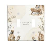 Placca di copertura per interruttore della luce doppia scena religiosa | Acquerello Arte Religiosa, Illustrazione Sacra Famiglia, Tre Saggi, Accenti botanici Foglia, Inverno Vacanze Home Decor