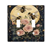 Placca di copertura per interruttore della luce doppia, stile vintage botanico con rose e luna, in plastica dorata, dimensioni standard, per soggiorno, camera da letto, casa, ufficio