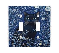 Placca di copertura per interruttore della luce floreale di mezzanotte, gatto tra fiori blu, decorazione da parete, in materiale termoplastico, dimensioni standard, doppia levetta