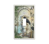 Placca di copertura per interruttore della luce per bagno, motivo mistico vintage, lanterna con gatto verde autunnale, in plastica, dimensioni standard, decorazione da parete per camera da letto